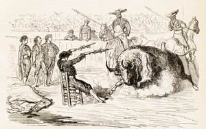 1878年に椅子に座ったままバンデリーラを置くスペインのバンデリジェロ（木の彫刻） 作： Noel Eugene Sotain